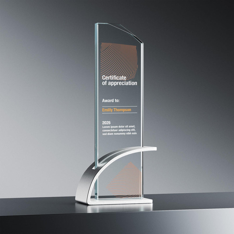 Clear Crystal Award Plaque Professional Recognition Award Custom Business Achievement Display Presentation Stand Executive Desktop Collection UV Print Technology Modern Office Design Beautiful Achievement Celebration Elegant Corporate