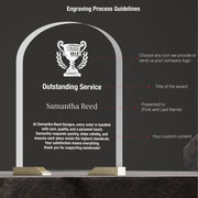 a plaque with the words outstanding service and an image of a trophy