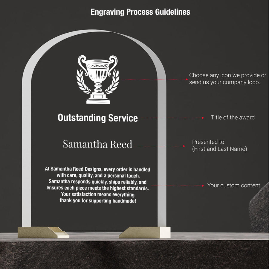 a plaque with the words outstanding service and an image of a trophy