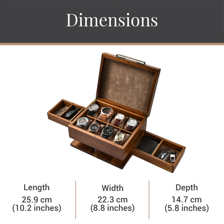 A wooden watch box with multiple compartments, designed to store and organize watches.