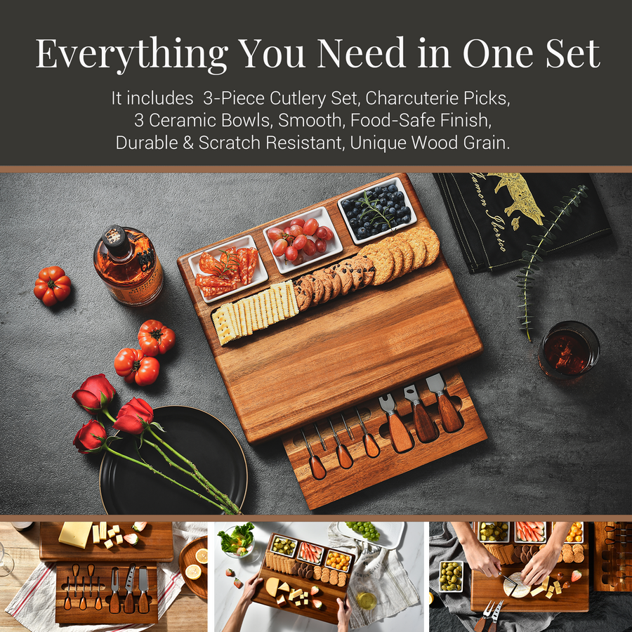 The image is a collage of three photos showcasing a wooden cutting board with various food items and utensils, including a knife, a plate of food, and a bowl of fruit.