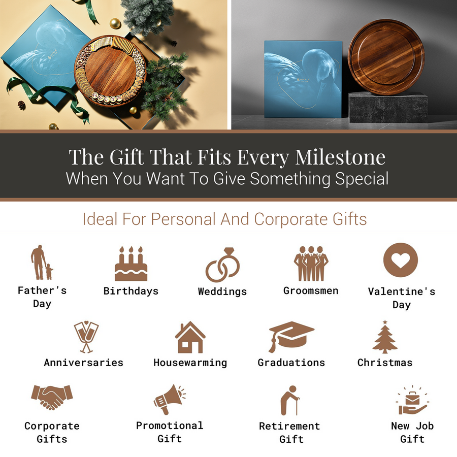 The image is a collage of various gift ideas, including personal and corporate gifts, ideal for different occasions such as Father's Day, birthdays, weddings, groomsmen, Valentine's Day, anniversaries, housewarming, graduations, Christmas, corporate gifts, promotional gifts, retirement gifts, and new job gifts.
