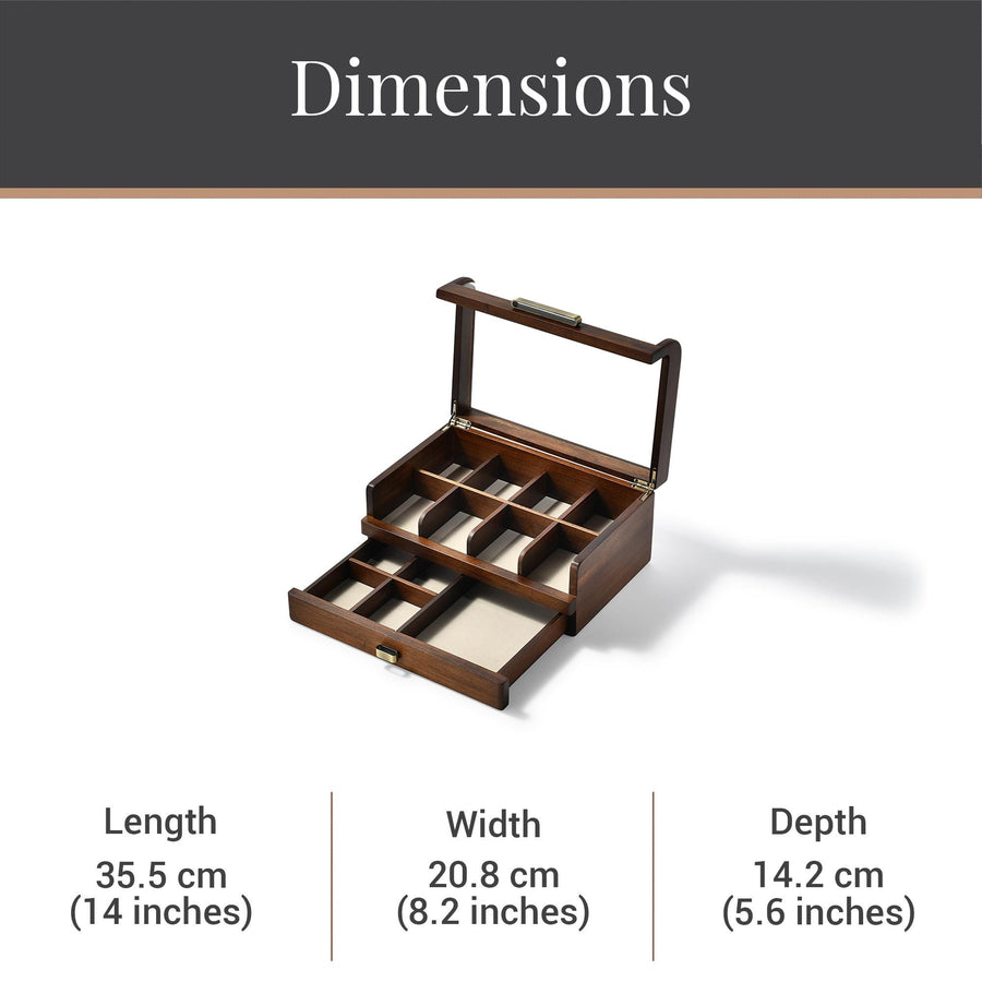 A wooden jewelry box with multiple compartments, measuring 35.5 cm in length, 20.8 cm in width, and 14.2 cm in depth.