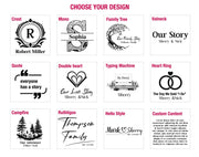 a collection of 12 different designs, each with its own unique style and theme. The designs include a crest, a monogram, a family tree, a quote, a typing machine, a heart ring, a quote, a campfire, a Rothliger, a hello style, and a custom content. The designs are diverse and showcase various artistic elements, such as lettering, shapes, and symbols.