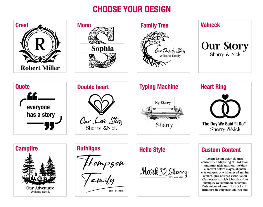 a collection of 12 different designs, each with its own unique style and theme. The designs include a crest, a monogram, a family tree, a quote, a typing machine, a heart ring, a quote, a campfire, a Rothliger, a hello style, and a custom content. The designs are diverse and showcase various artistic elements, such as lettering, shapes, and symbols.