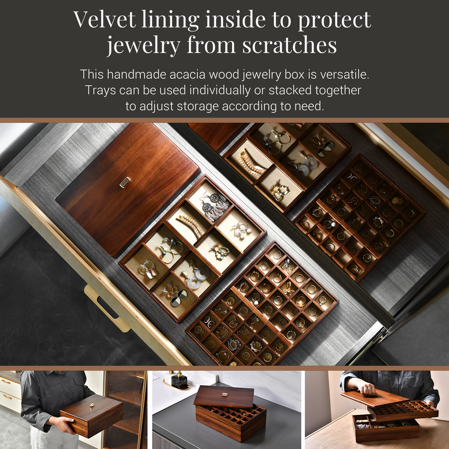 The image is a collage of three photos showing a velvet lining inside a wooden jewelry box, which is designed to protect jewelry from scratches.