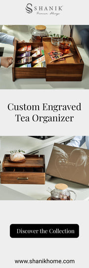a wooden tray filled with tea and other items