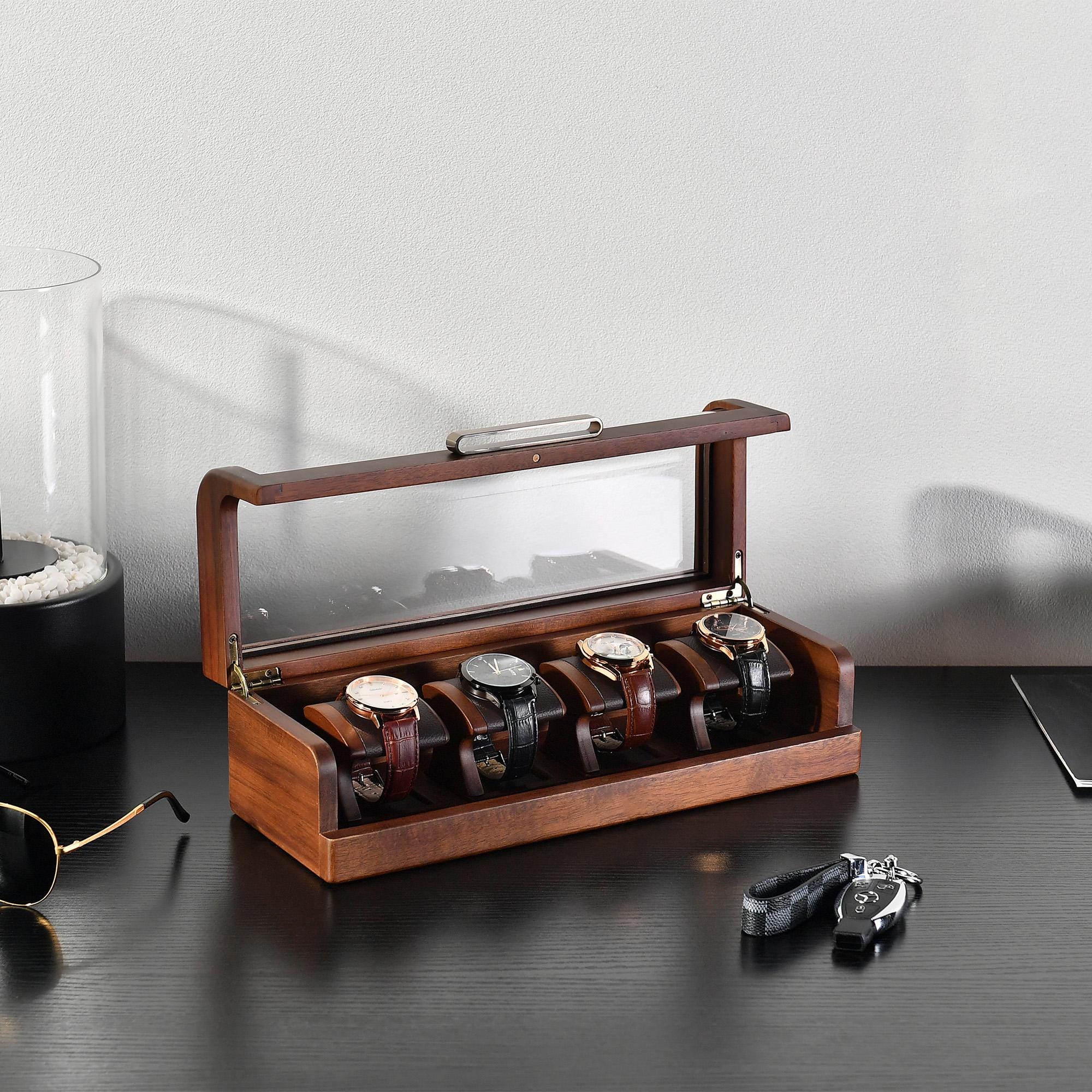 a wooden case with six watches inside of it