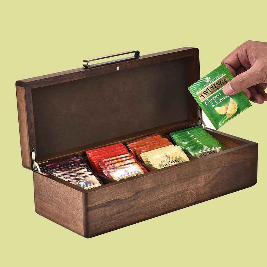 Personalized Tea Box Organizer with 4 Compartments  Acacia Wood Tea Time Gifts