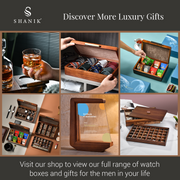 The image is a collage of six photos showcasing various luxury gifts and watch boxes, including a glass of whiskey, a wooden box, a wooden box with a glass, a wooden box with a glass, a wooden box with a glass, and a wooden box with a glass. The collage also includes text that reads "Discover More Luxury Gifts" and "Visit our shop to view our full range of watch boxes and gifts for the men in your life".