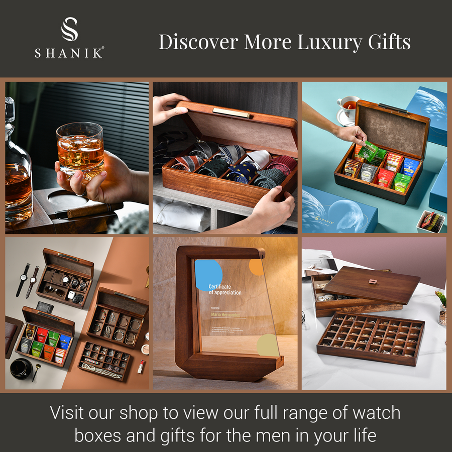 The image is a collage of six photos showcasing various luxury gifts and watch boxes, including a glass of whiskey, a wooden box, a wooden box with a glass, a wooden box with a glass, a wooden box with a glass, and a wooden box with a glass. The collage also includes text that reads "Discover More Luxury Gifts" and "Visit our shop to view our full range of watch boxes and gifts for the men in your life".