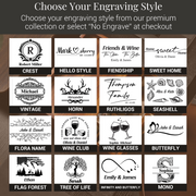 a collection of various engraved designs and logos, each with its own unique style and theme. The designs include names, logos, and symbols, such as a crest, a wine club, a horn, a seashell, a vintage, a horn, a Ruthligs, a seashell, a butterfly, a tree of life, a flag forest, and a tree of life. The image does not contain any text that can be described in more detail, and the descriptions provided are concise and focused on the visual content of the designs.