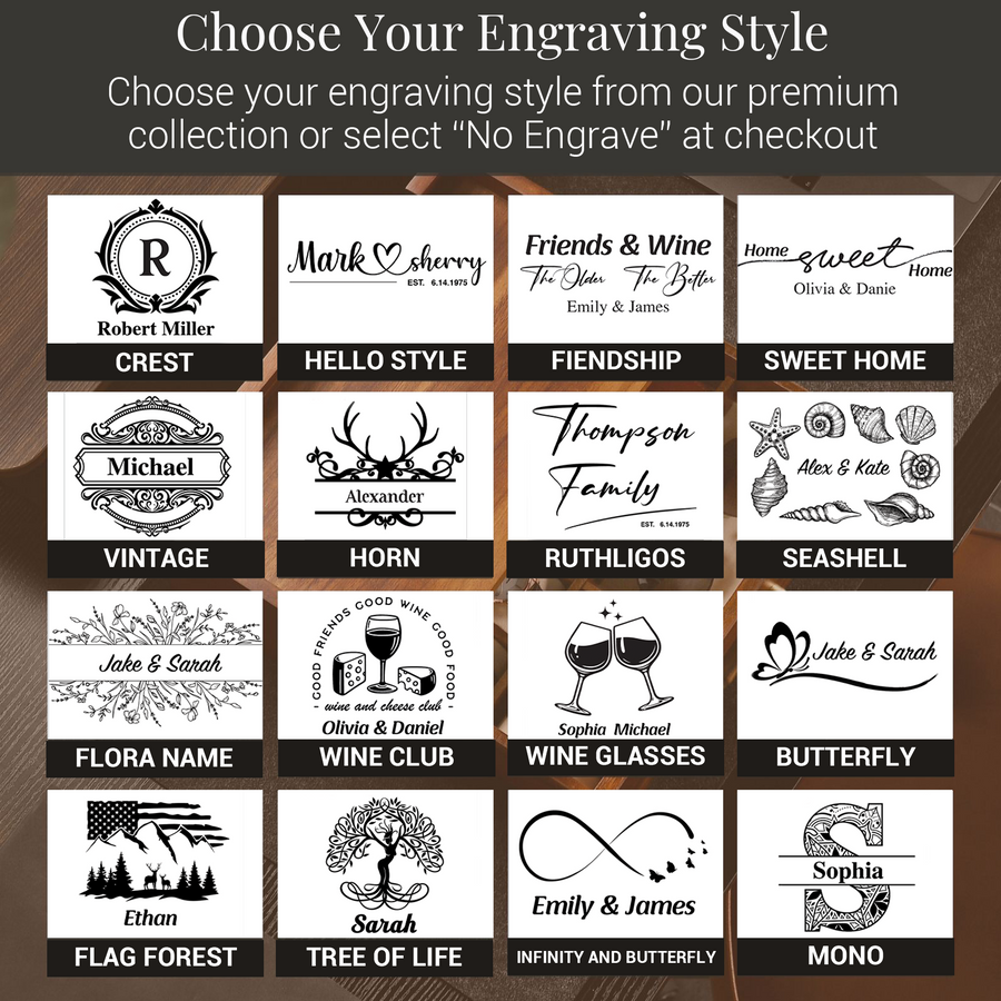 a collection of various engraved designs and logos, each with its own unique style and theme. The designs include names, logos, and symbols, such as a crest, a wine club, a horn, a seashell, a vintage, a horn, a Ruthligs, a seashell, a butterfly, a tree of life, a flag forest, and a tree of life. The image does not contain any text that can be described in more detail, and the descriptions provided are concise and focused on the visual content of the designs.