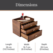 A wooden drawer organizer with three compartments, containing various items such as a red bottle, a white container, and a wooden stick.