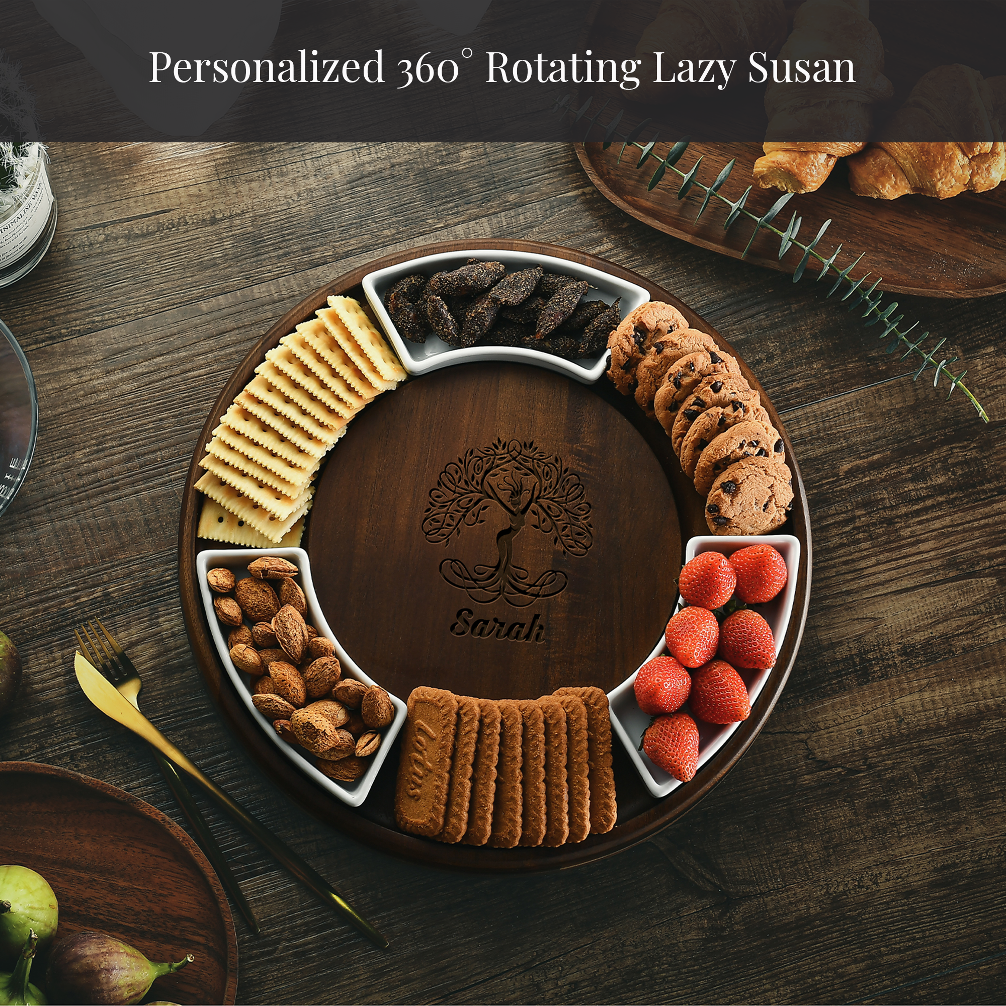A wooden serving platter with various snacks and crackers arranged on it, along with a small bowl of strawberries.