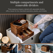 The image is a collage of three photos showing a wooden drawer organizer with multiple compartments and removable dividers. The organizer has three spacious drawers, each with adjustable dividers, providing a haven for organizing and storing various items such as cosmetics, jewelry, and trinkets.