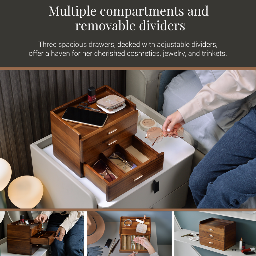 The image is a collage of three photos showing a wooden drawer organizer with multiple compartments and removable dividers. The organizer has three spacious drawers, each with adjustable dividers, providing a haven for organizing and storing various items such as cosmetics, jewelry, and trinkets.