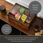a wooden tea box with compartments for tea bags and accessories, showcasing its natural acacia finish and compact design.