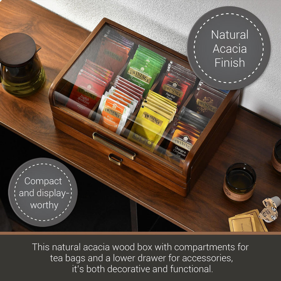 a wooden tea box with compartments for tea bags and accessories, showcasing its natural acacia finish and compact design.