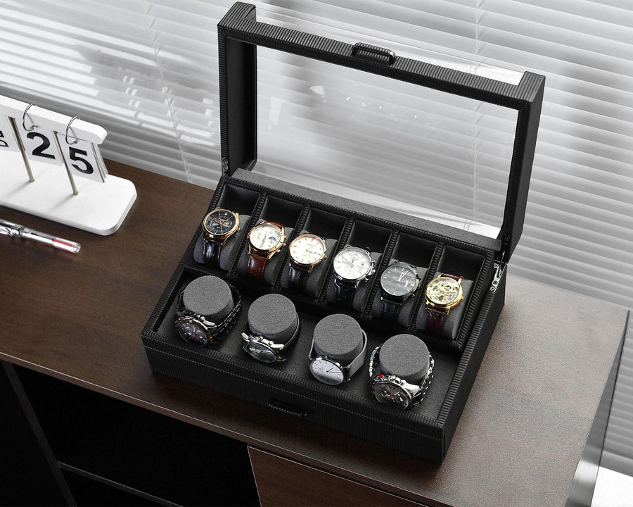 Personalized Watch Box for Men Large Leather Watch Case with Acrylic Top 10 Watch Mens Gift