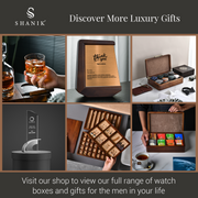 The image is a collage of six different images showcasing various luxury gifts and watch boxes, including a wooden box, a glass of whiskey, a wooden box with a "Thank you" message, a wooden box with a "Thank you" message, a wooden box with a "Thank you" message, and a wooden box with a "Thank you" message. The collage also includes images of a person holding a glass of whiskey and a person holding a wooden box with a "Thank you" message.