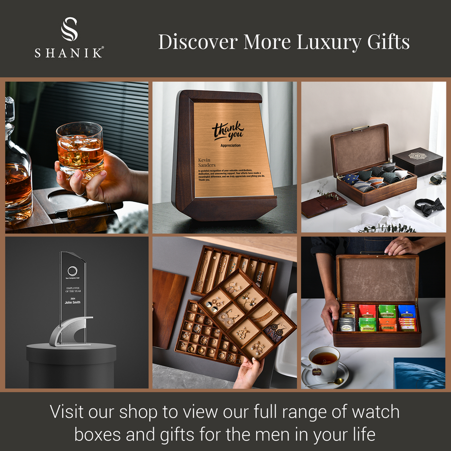 The image is a collage of six different images showcasing various luxury gifts and watch boxes, including a wooden box, a glass of whiskey, a wooden box with a "Thank you" message, a wooden box with a "Thank you" message, a wooden box with a "Thank you" message, and a wooden box with a "Thank you" message. The collage also includes images of a person holding a glass of whiskey and a person holding a wooden box with a "Thank you" message.