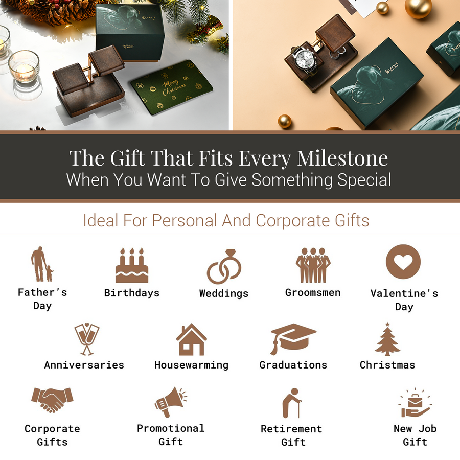 The image is a collage of various gift ideas, including personal and corporate gifts, ideal for different occasions such as Father's Day, birthdays, weddings, groomsmen, Valentine's Day, anniversaries, housewarming, graduations, Christmas, and new job gifts.