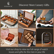 The image is a collage of six different images showcasing various luxury gifts and watch boxes, including a wooden box, a glass display case, and a person holding a glass of amber liquid.
