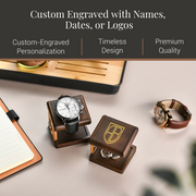 a collection of watch boxes and a watch, with the text "Custom Engraved with Names, Dates, or Logos" displayed above them.