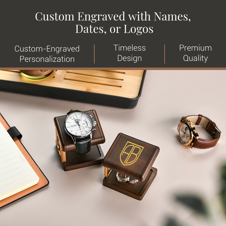 a collection of watch boxes and a watch, with the text "Custom Engraved with Names, Dates, or Logos" displayed above them.