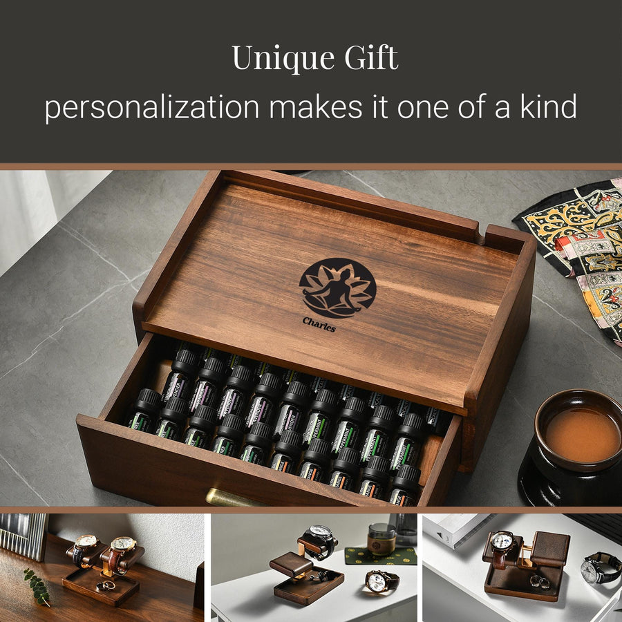 The image showcases a unique gift that personalizes itself, featuring a wooden box with a lid and a drawer filled with various items. The box is placed on a table, and there are several small items, such as a cup, a clock, and a plant, visible in the scene. The image also includes a collage of smaller images, which together create a visually appealing and detailed presentation of the gift.