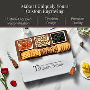 a wooden serving platter with various snacks and a knife, accompanied by a potted plant, a vase, and a glass of water. The image also includes text that reads "Make It Uniquely Yours Custom Engraving" and "Premium Quality".