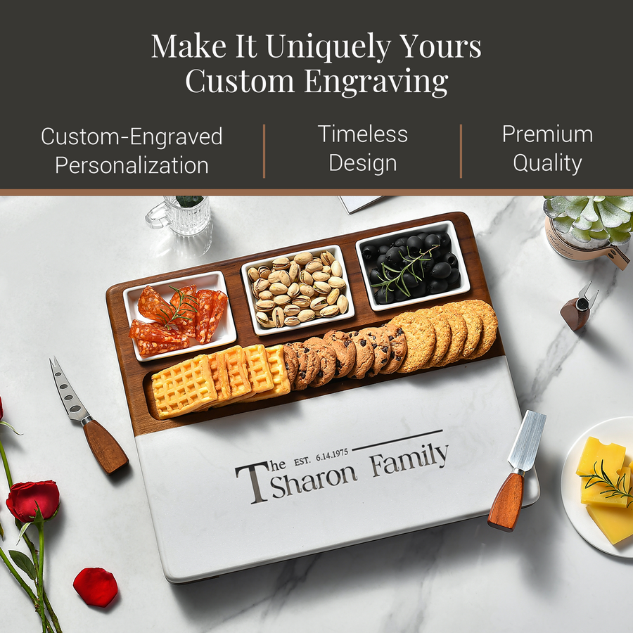 a wooden serving platter with various snacks and a knife, accompanied by a potted plant, a vase, and a glass of water. The image also includes text that reads "Make It Uniquely Yours Custom Engraving" and "Premium Quality".