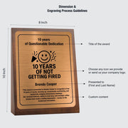 a plaque describing the 10 years of being fired