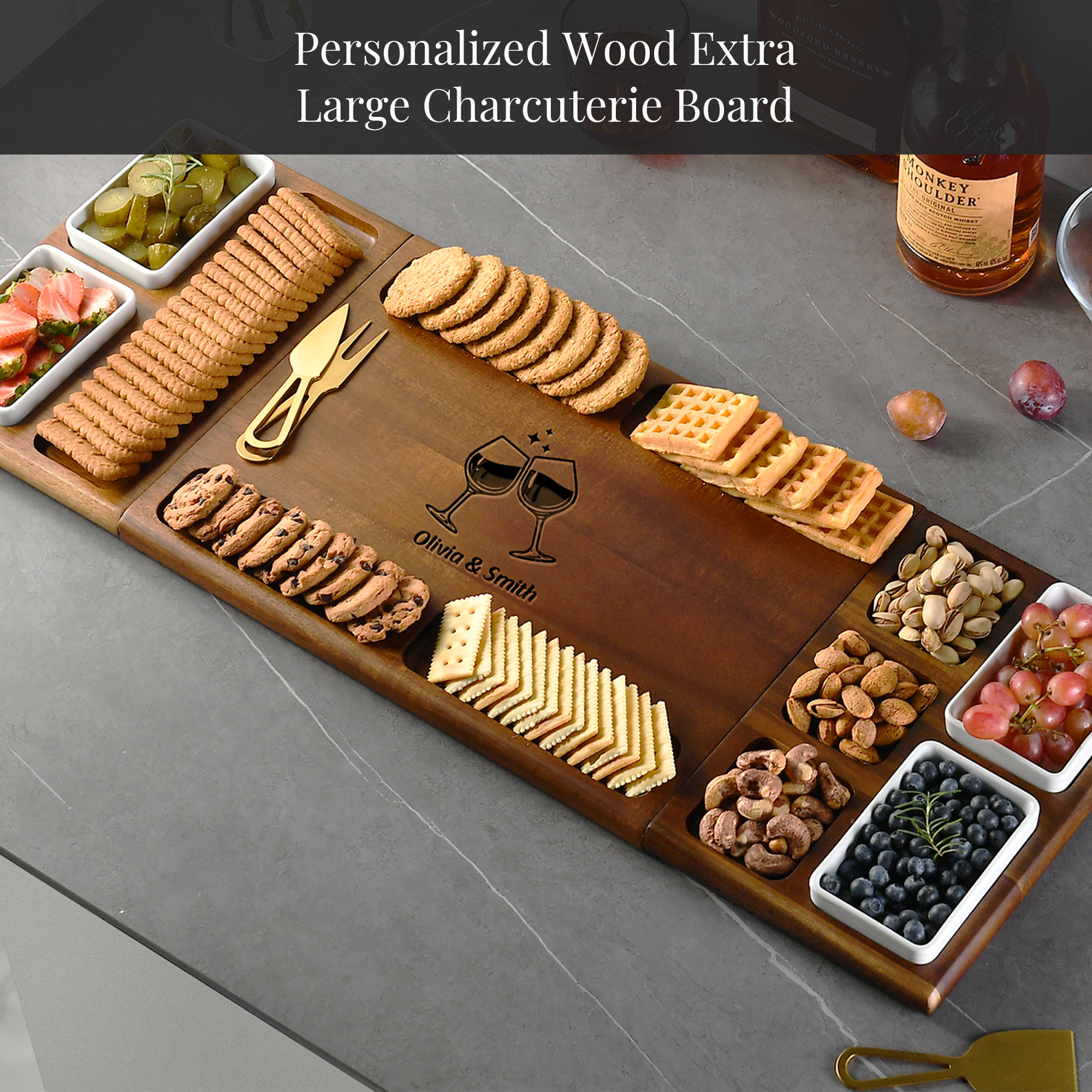 A large wooden serving platter with various snacks and crackers arranged on it, along with a bottle of wine and a wine glass.