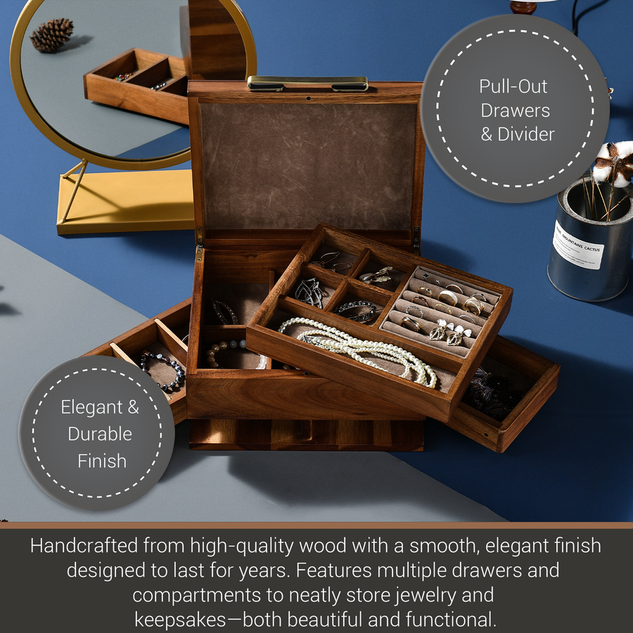 a wooden jewelry box with multiple compartments, showcasing its elegant and durable finish. The box is handcrafted from high-quality wood and designed to last for years, with multiple drawers and compartments to neatly store jewelry and keepsakes. The image also includes a mirror and a potted plant, adding to the overall aesthetic of the scene.