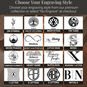 a collection of various engraved designs and symbols, including a tree of life symbol, a meditation symbol, a personal name, and a monogram. The image is not a collage of multiple images, but rather a single image that showcases different engraved designs and symbols.