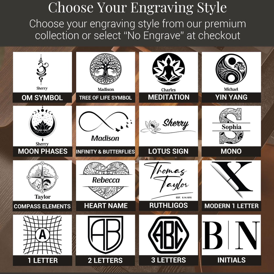 a collection of various engraved designs and symbols, including a tree of life symbol, a meditation symbol, a personal name, and a monogram. The image is not a collage of multiple images, but rather a single image that showcases different engraved designs and symbols.