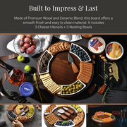 The image showcases a wooden platter with various food items, including crackers, cheese, grapes, and cookies, arranged in a circular pattern. The platter is made of premium wood and ceramic blend, offering a smooth finish and easy cleaning. It includes 3 cheese utensils and 3 nesting bowls, making it a versatile serving option for gatherings and events.