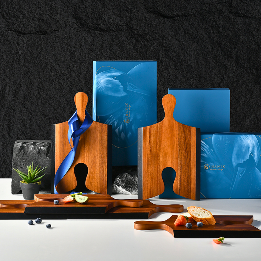 Shanik Acacia Set of 3 Wood Cheese Board Set with Puzzle Handles