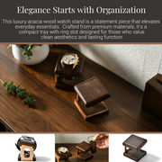 The image showcases a luxury acacia wood watch stand, which is a statement piece that elevates everyday essentials. Crafted from premium materials, it's a compact tray with a ring slot designed for those who value clean aesthetics and lasting function. The stand features a watch placed on top of it, and there are additional images of the watch stand in different positions, highlighting its versatility and design.