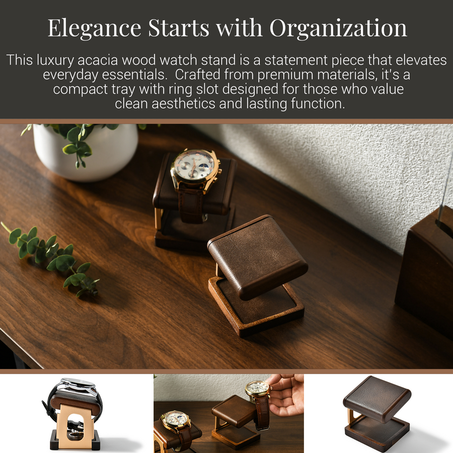 The image showcases a luxury acacia wood watch stand, which is a statement piece that elevates everyday essentials. Crafted from premium materials, it's a compact tray with a ring slot designed for those who value clean aesthetics and lasting function. The stand features a watch placed on top of it, and there are additional images of the watch stand in different positions, highlighting its versatility and design.