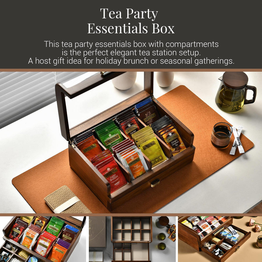The image showcases a wooden tea party essentials box with compartments, designed to hold tea bags and other tea-related items. The box is placed on a table, accompanied by a teapot, cups, and other tea-related accessories. The box is described as the perfect elegant tea station setup, and it is a host gift idea for holiday brunch or seasonal gatherings.