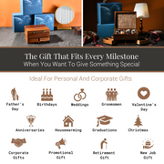 The image is a collage of various gift ideas, including personal and corporate gifts, ideal for different occasions such as Father's Day, birthdays, weddings, groomsmen, Valentine's Day, anniversaries, housewarming, graduations, Christmas, corporate gifts, promotional gifts, retirement gifts, and new job gifts.