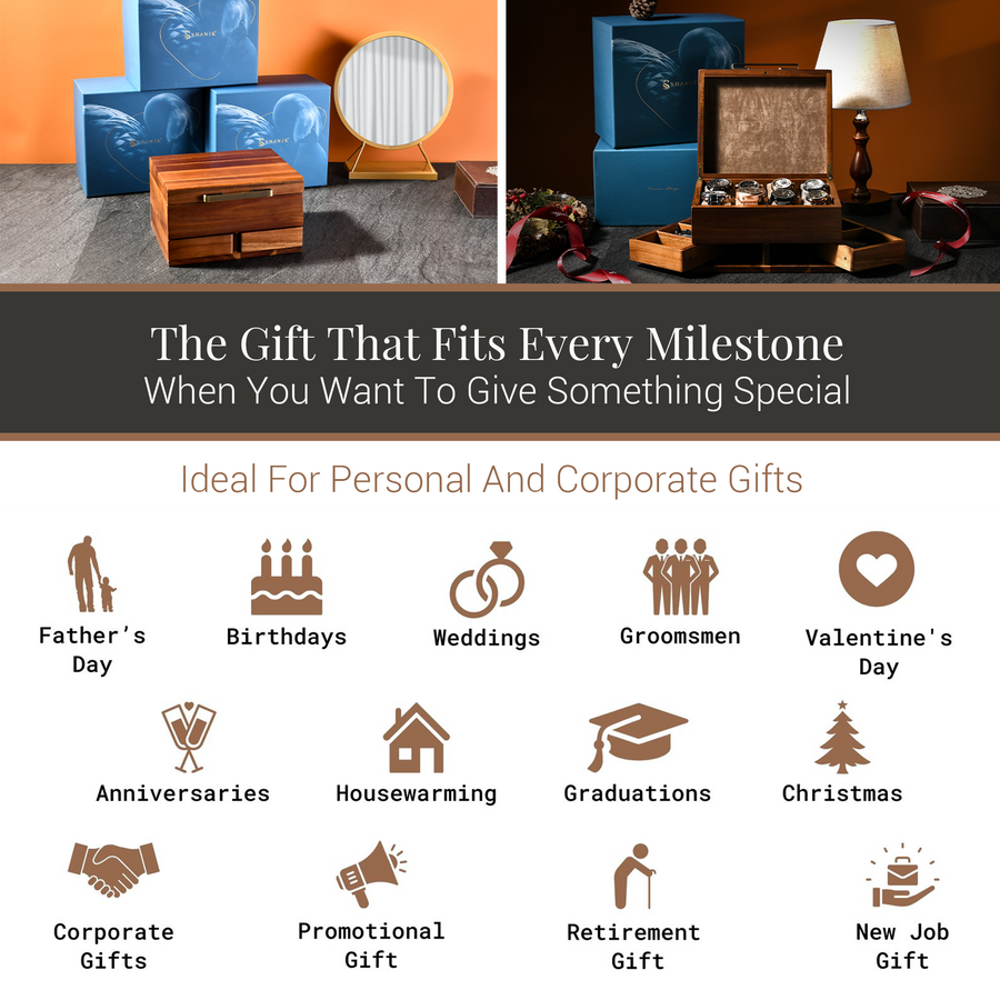 The image is a collage of various gift ideas, including personal and corporate gifts, ideal for different occasions such as Father's Day, birthdays, weddings, groomsmen, Valentine's Day, anniversaries, housewarming, graduations, Christmas, corporate gifts, promotional gifts, retirement gifts, and new job gifts.