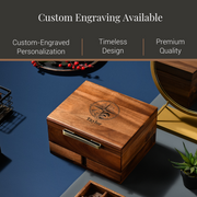 a wooden box with a personalized engraving, placed on a blue surface. The box has a handle and a drawer, and it is accompanied by a potted plant and a small basket. The text above the image reads "Custom Engraving Available", and below it, there are three options for customizing the box: "Custom-Engraved Personalization", "Timeless Design", and "Premium Quality".