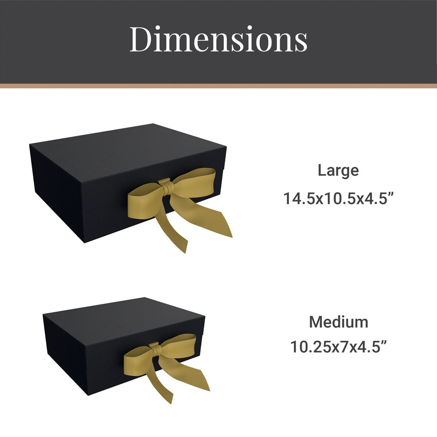 two black gift boxes with gold ribbons tied around them. The first box is labeled as a "Large" and the second box is labeled as a "Medium". The boxes are described as having dimensions of 14.5 x 10.5 x 4.5 inches.