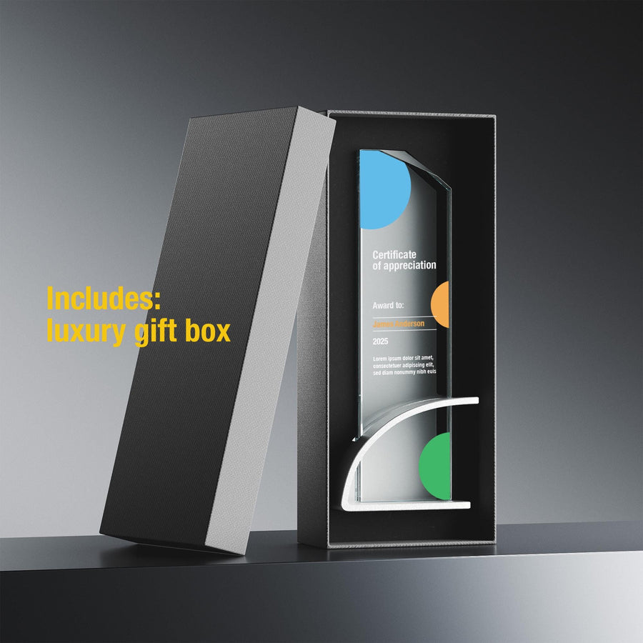 Business Achievement Award Plaque Crystal Recognition Trophy Premium Display Stand Professional Presentation Piece Clear Optic Design Custom Corporate Gift UV Print Technology Modern Office Collection Executive Desktop Display Beautiful