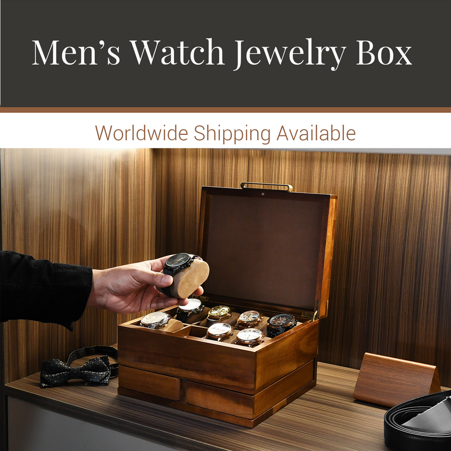 a wooden jewelry box with a person's hand holding a watch inside, and a sign above the box indicating that worldwide shipping is available.