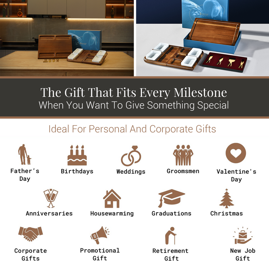 The image is a collage of various gift ideas, including personal and corporate gifts, ideal for different occasions such as Father's Day, birthdays, weddings, groomsmen, Valentine's Day, anniversaries, housewarming, graduations, Christmas, corporate gifts, promotional gifts, retirement gifts, and new job gifts.